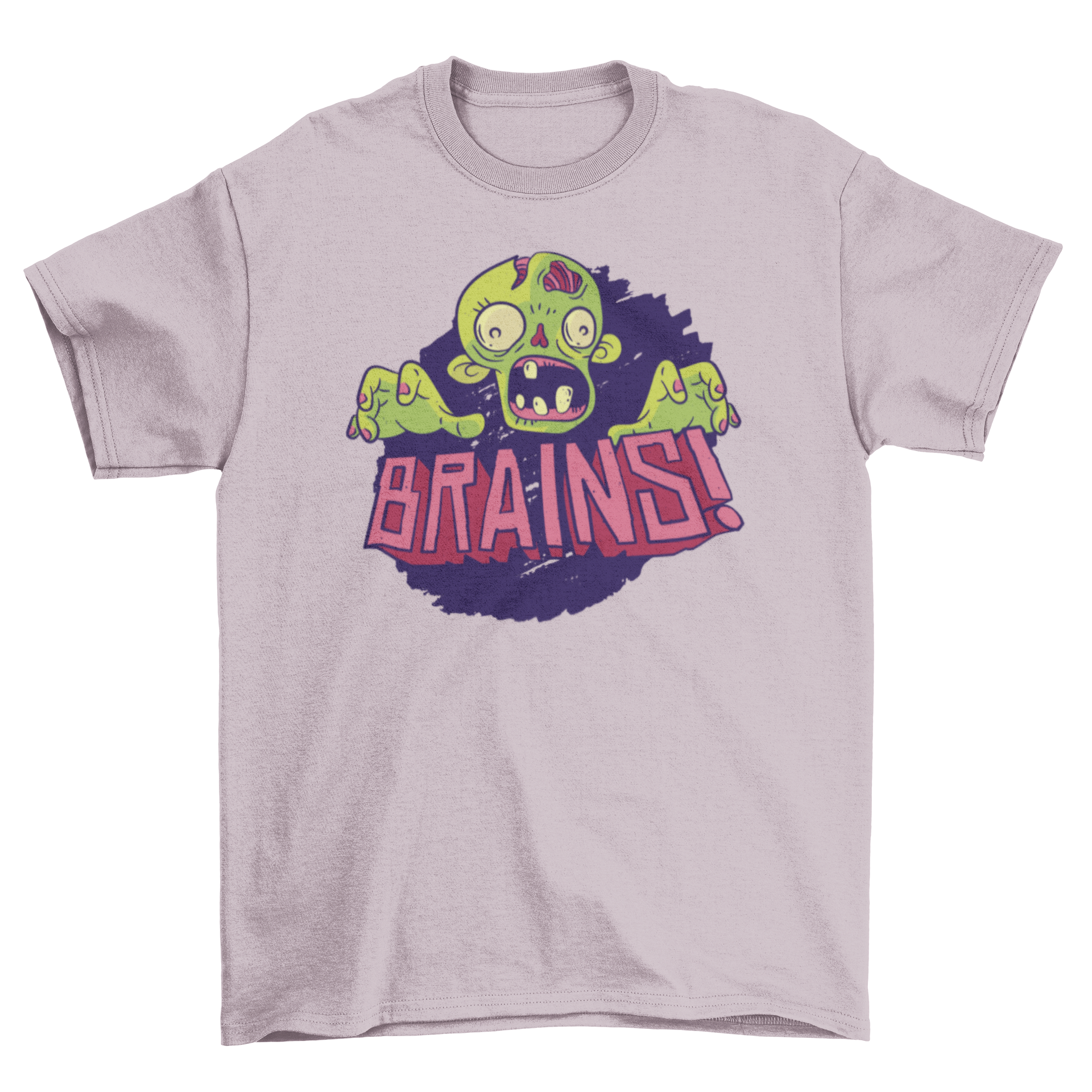 Brains zombie t-shirt featuring a cartoon zombie head and hands on a purple background.