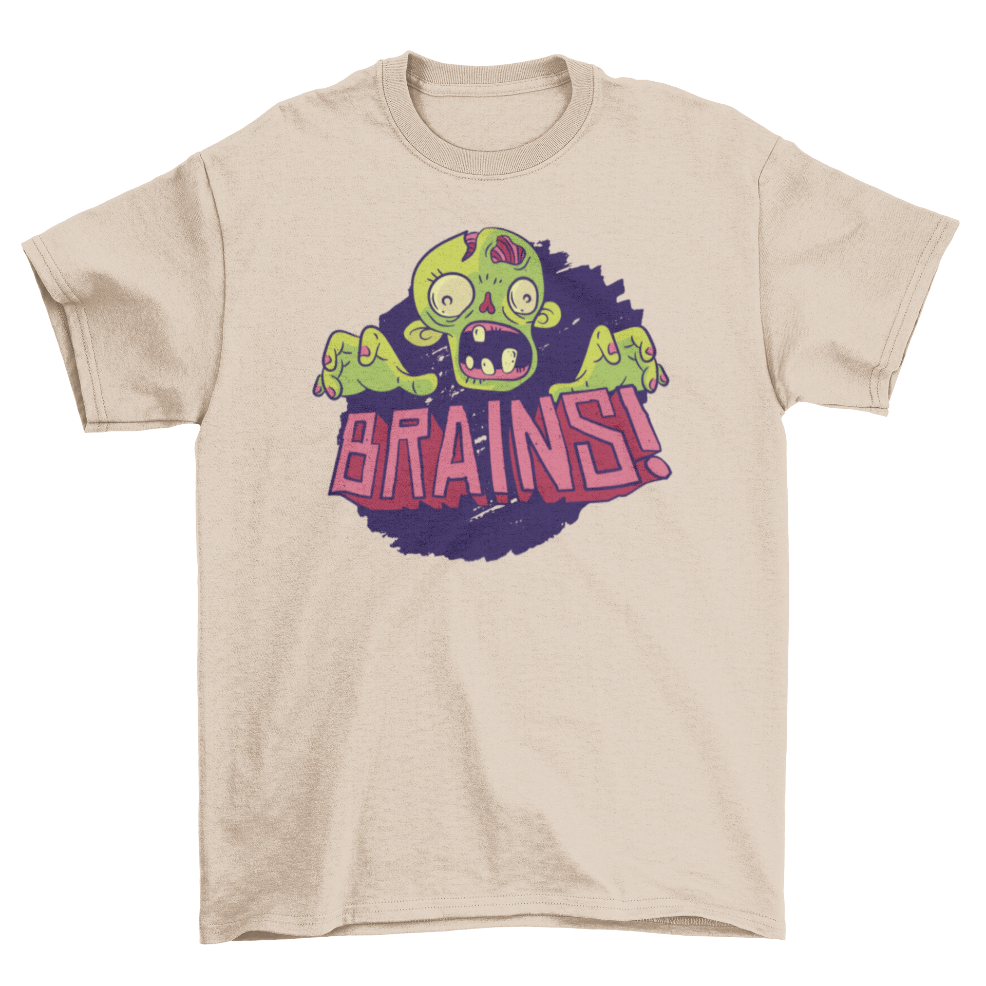 Brains zombie t-shirt featuring a cartoon zombie head and hands on a purple background.