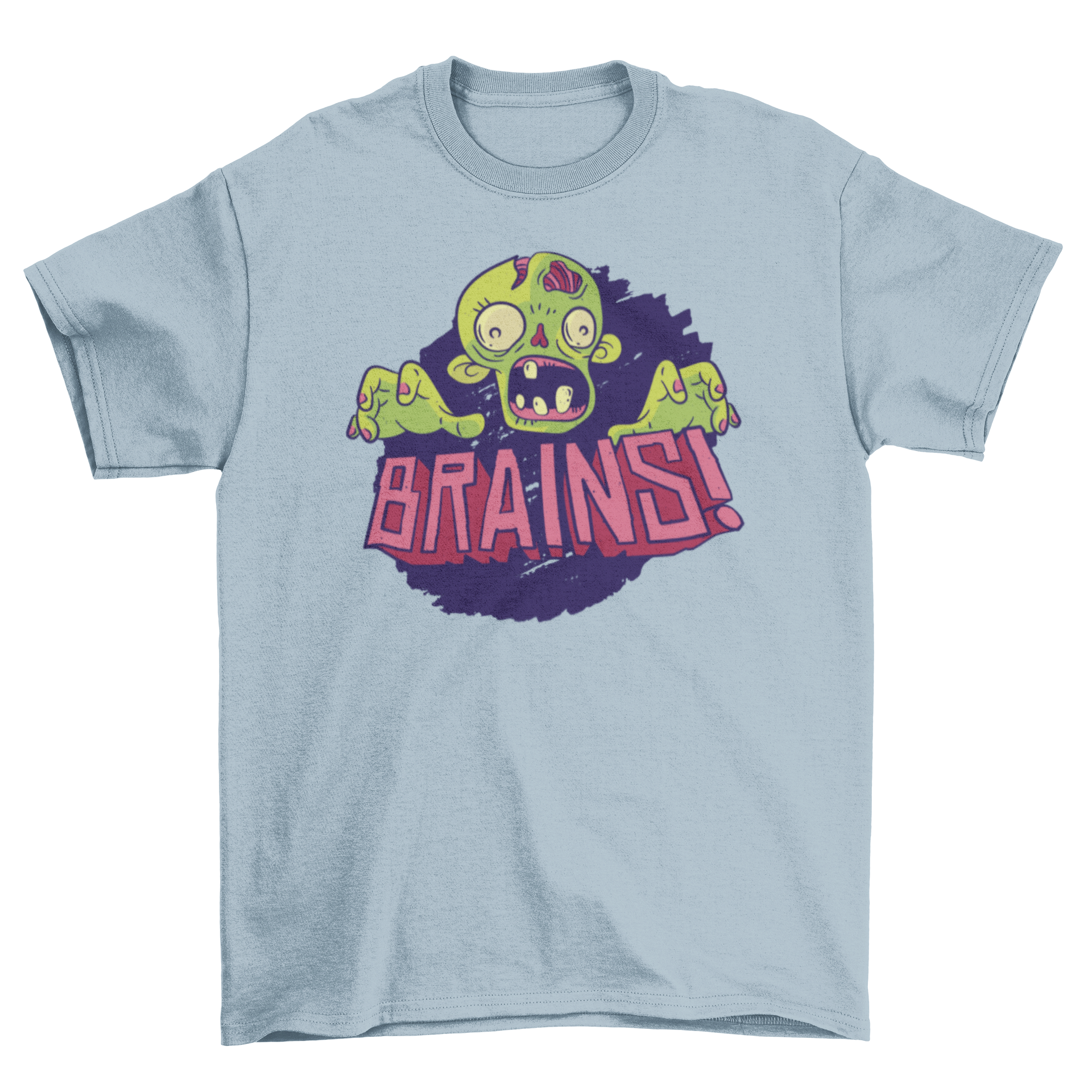 Brains zombie t-shirt featuring a cartoon zombie head and hands on a purple background.