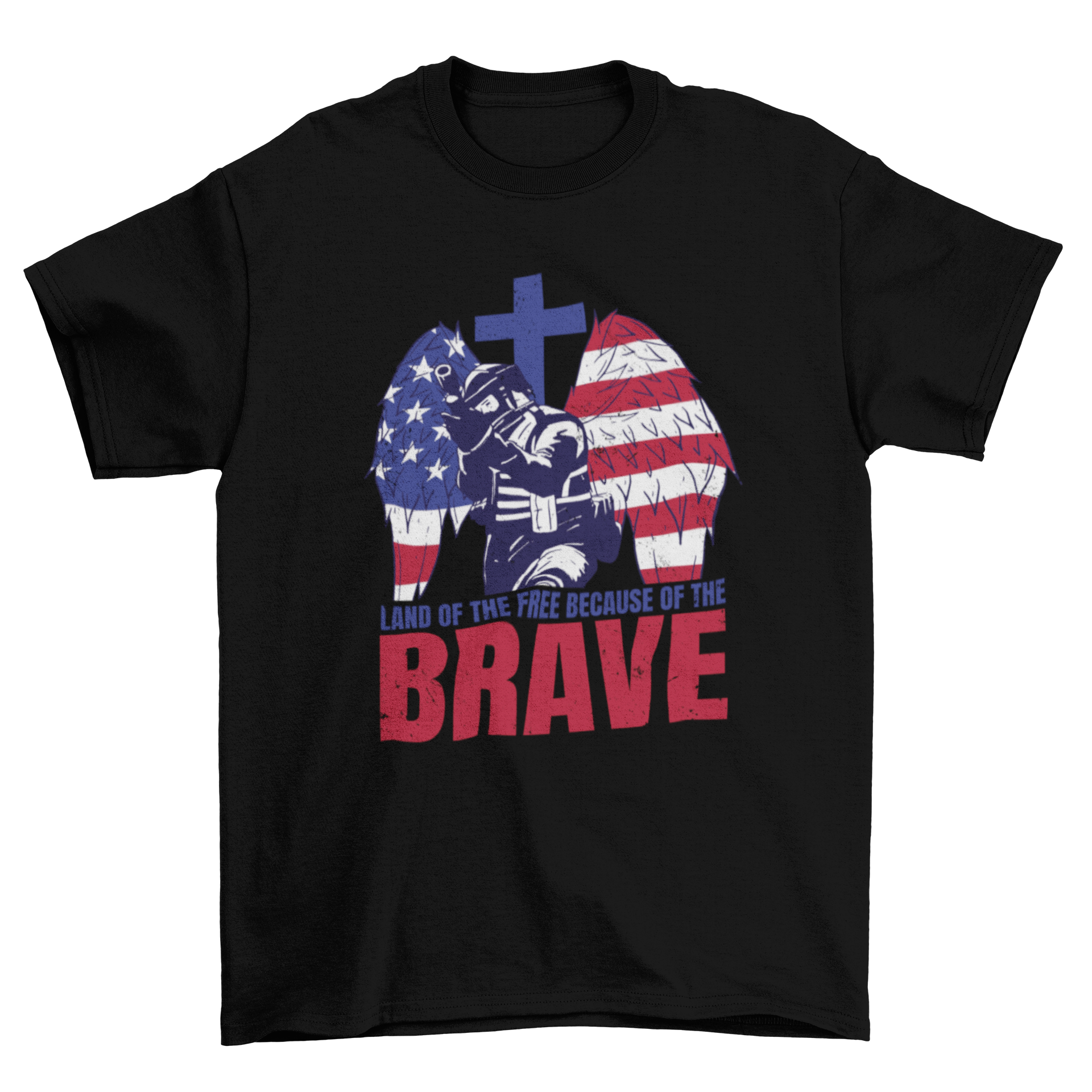 Brave Soldier USA t-shirt featuring an American soldier and the quote 'Land of the free because of the brave'.