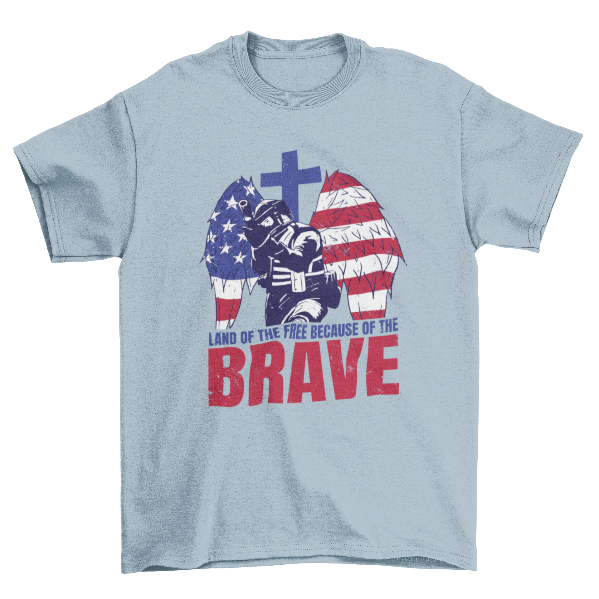 Brave Soldier USA t-shirt featuring an American soldier and the quote 'Land of the free because of the brave'.