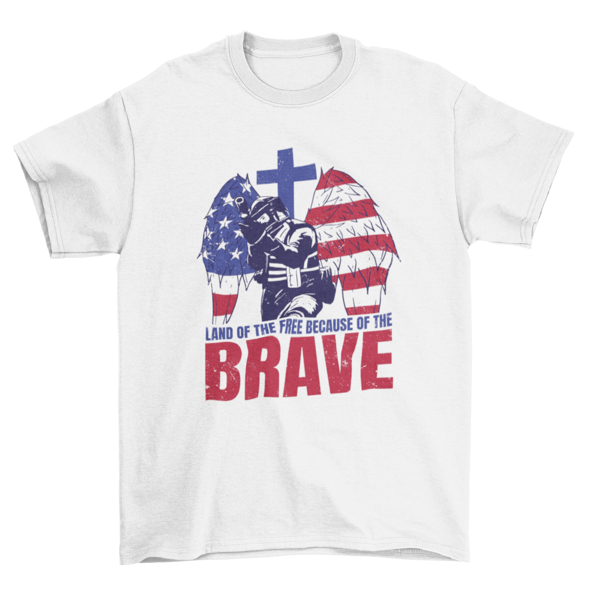 Brave Soldier USA t-shirt featuring an American soldier and the quote 'Land of the free because of the brave'.