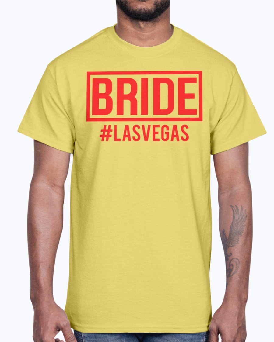 Brdie #lasvegas Bridal Cotton Tee in various sizes and colors, showcasing its unisex design and comfortable fit.