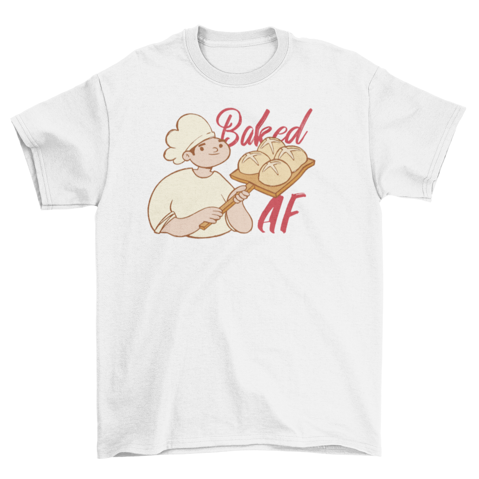 A stylish t-shirt featuring a baker with bread and the quote 'Baked AF', perfect for baking enthusiasts.