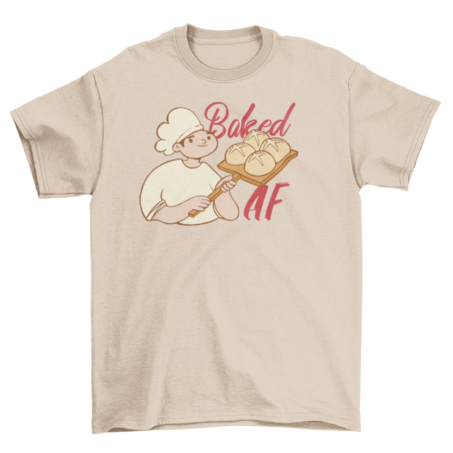 A stylish t-shirt featuring a baker with bread and the quote 'Baked AF', perfect for baking enthusiasts.