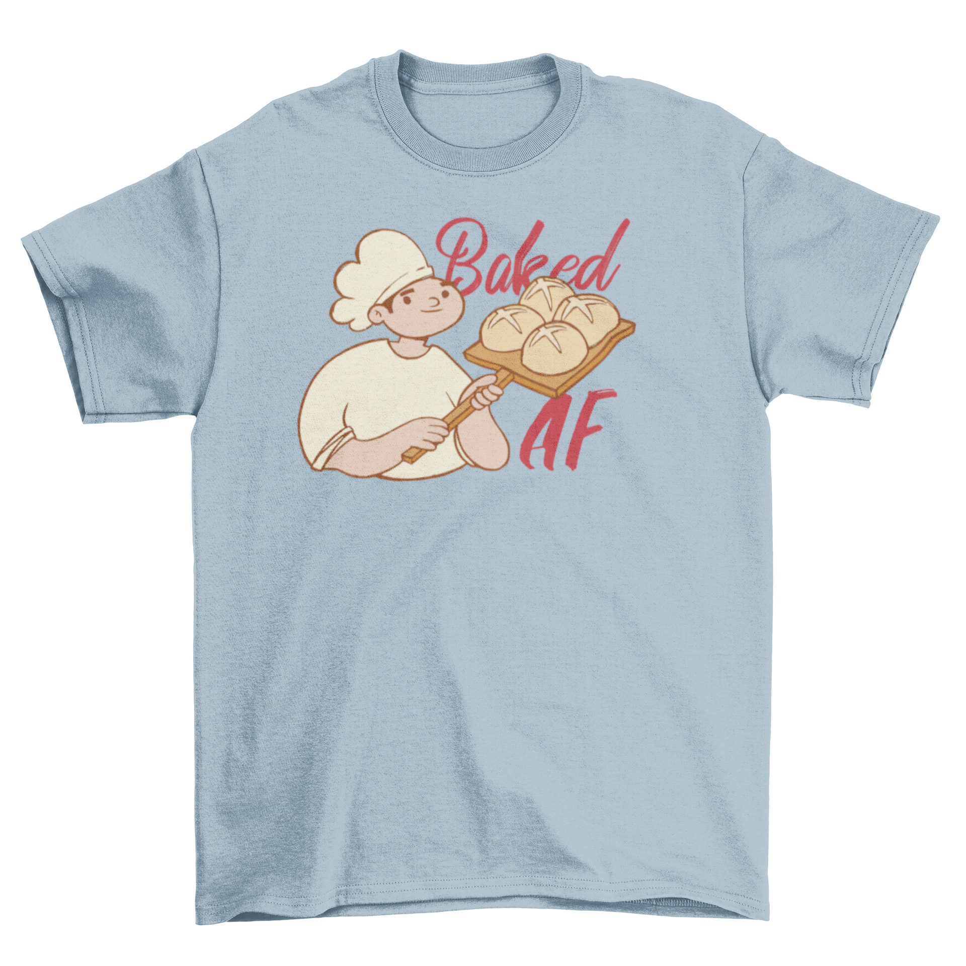 A stylish t-shirt featuring a baker with bread and the quote 'Baked AF', perfect for baking enthusiasts.