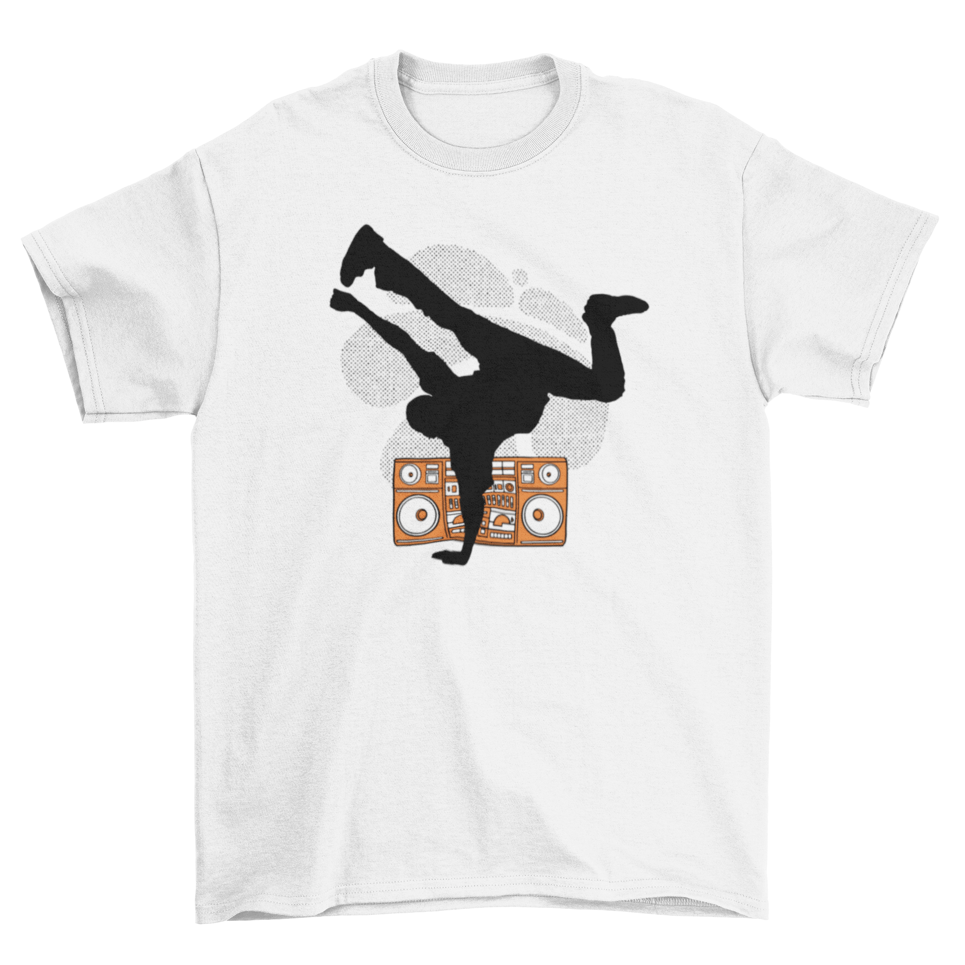 Breakdancer silhouette t-shirt featuring a dynamic dance pose in black on a vibrant background.