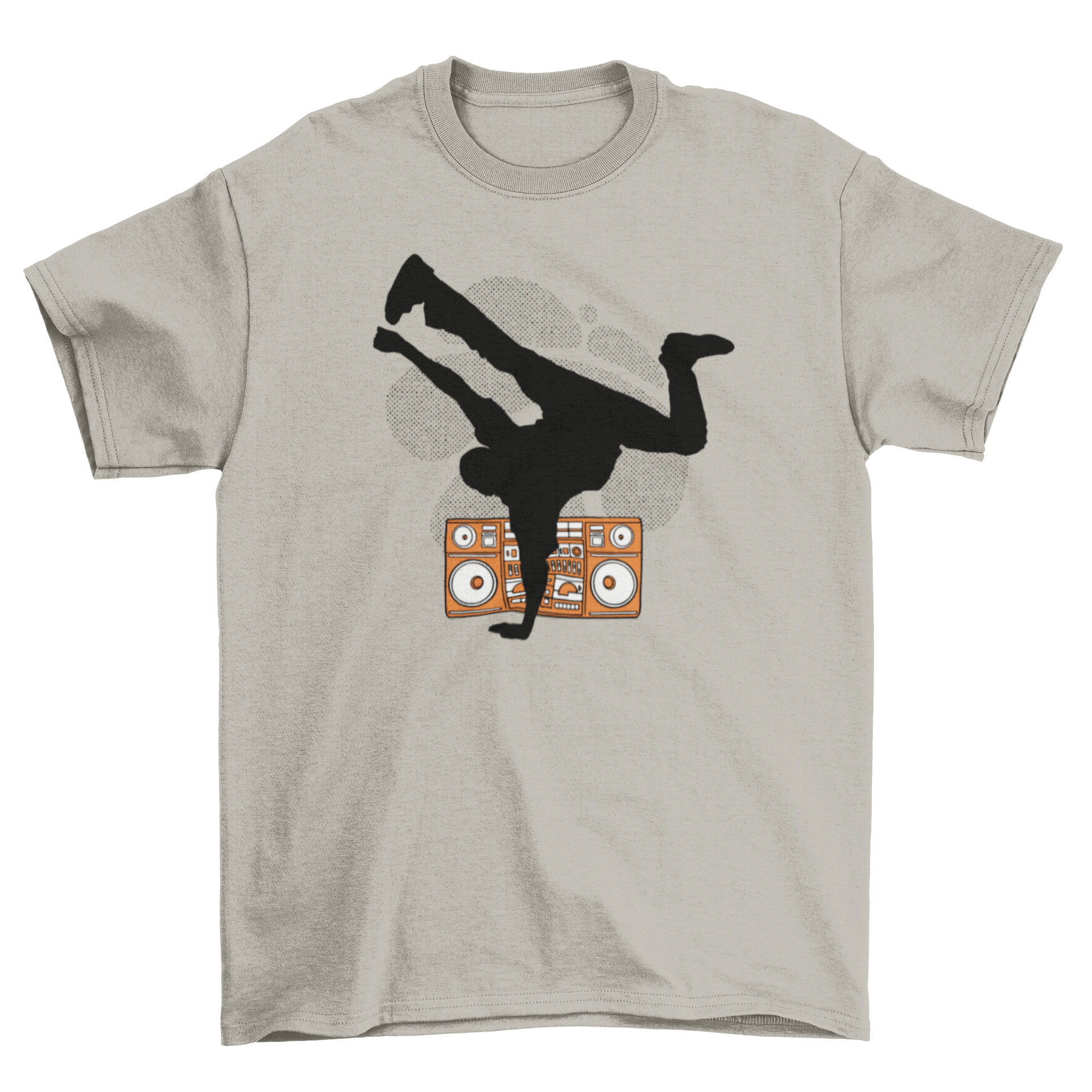 Breakdancer silhouette t-shirt featuring a dynamic dance pose in black on a vibrant background.