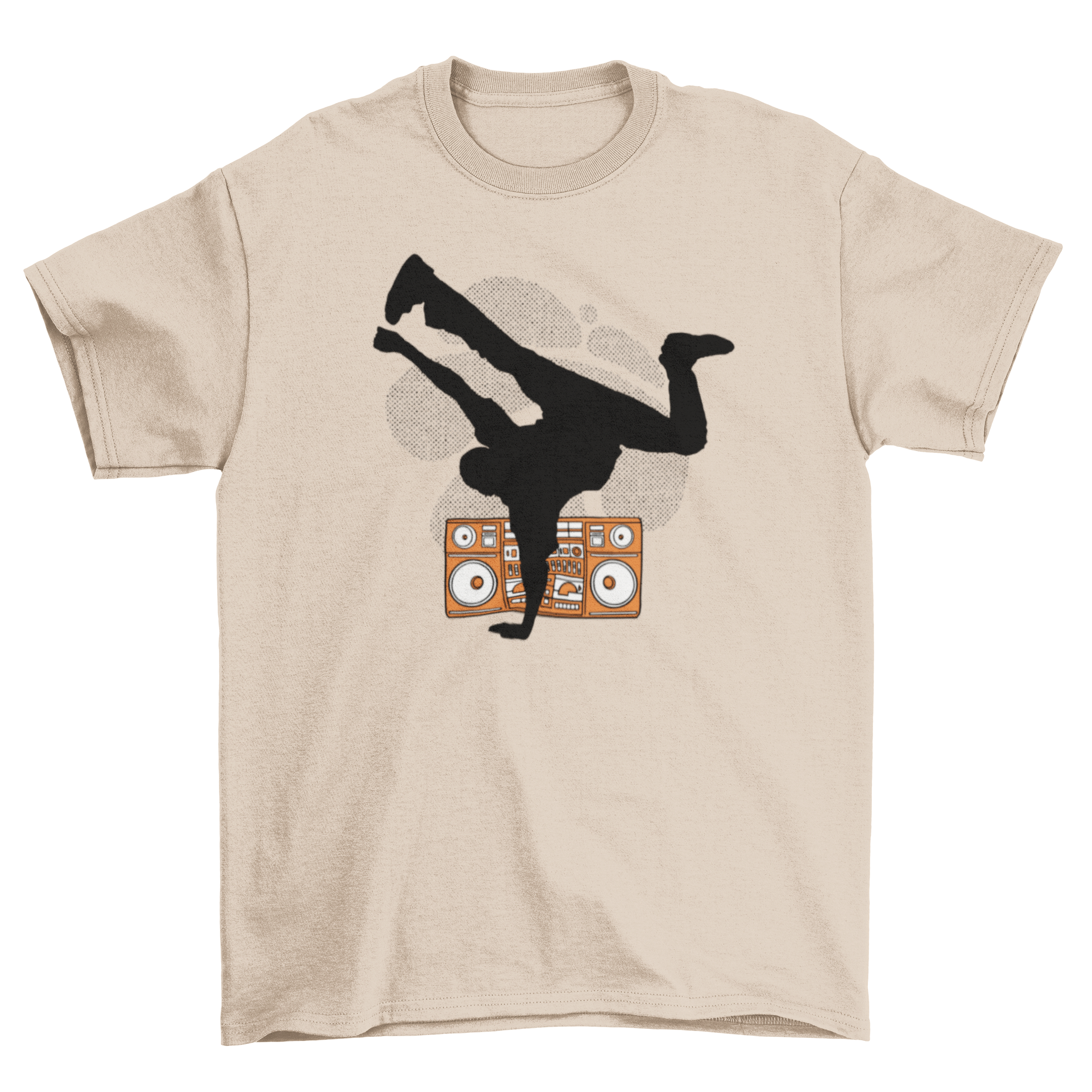 Breakdancer silhouette t-shirt featuring a dynamic dance pose in black on a vibrant background.