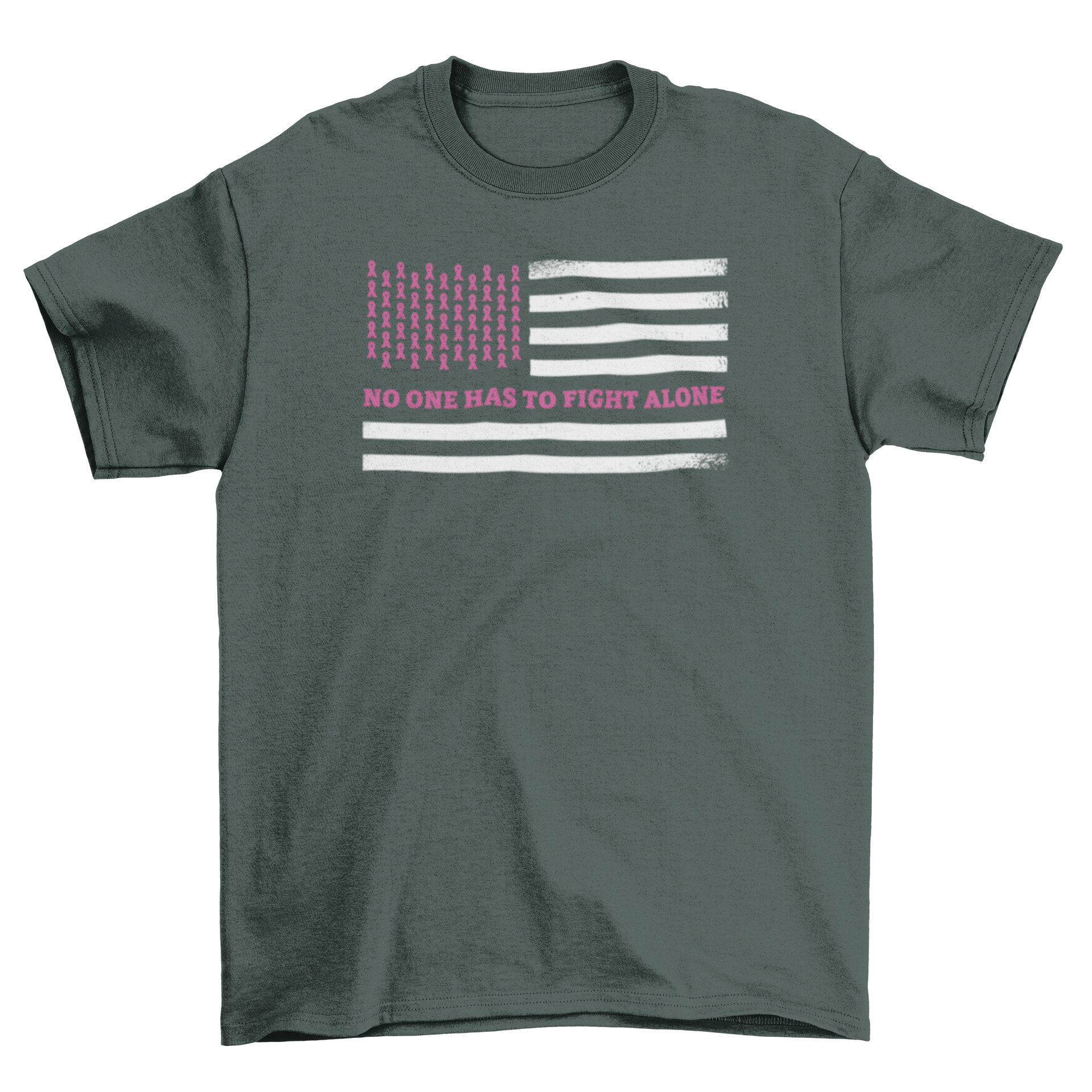 Breast cancer awareness t-shirt featuring American flag and quote 'No one has to fight alone'.