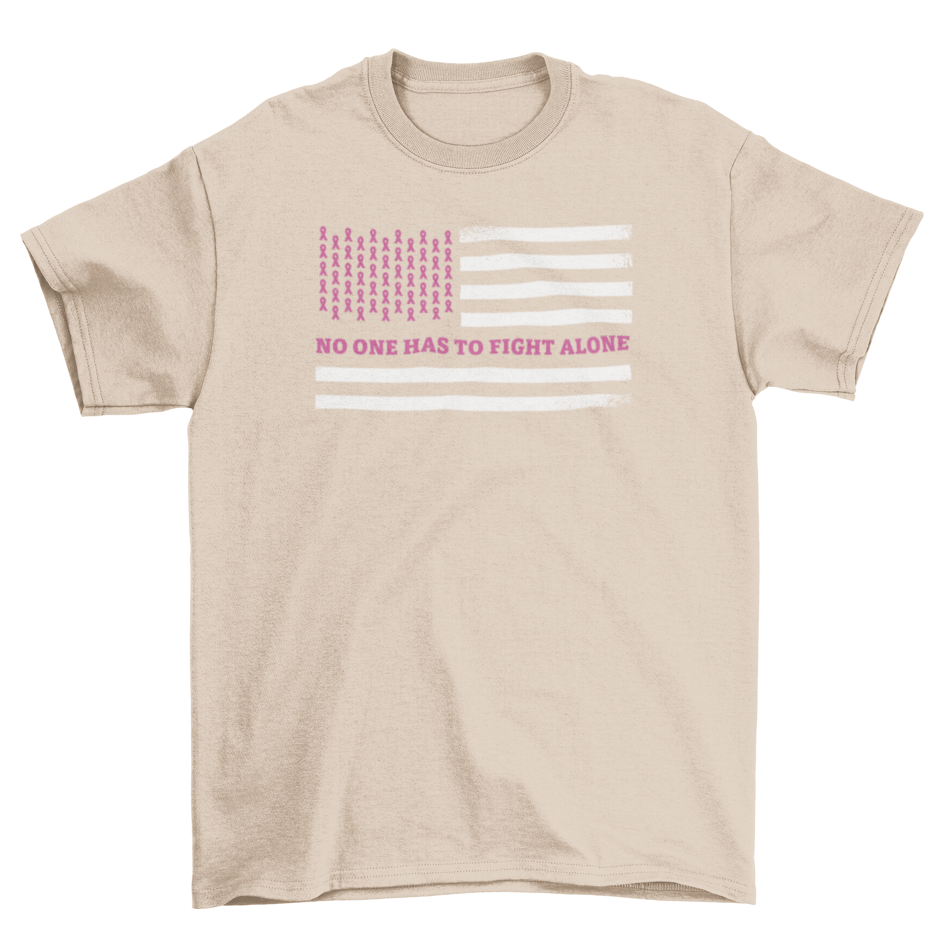 Breast cancer awareness t-shirt featuring American flag and quote 'No one has to fight alone'.