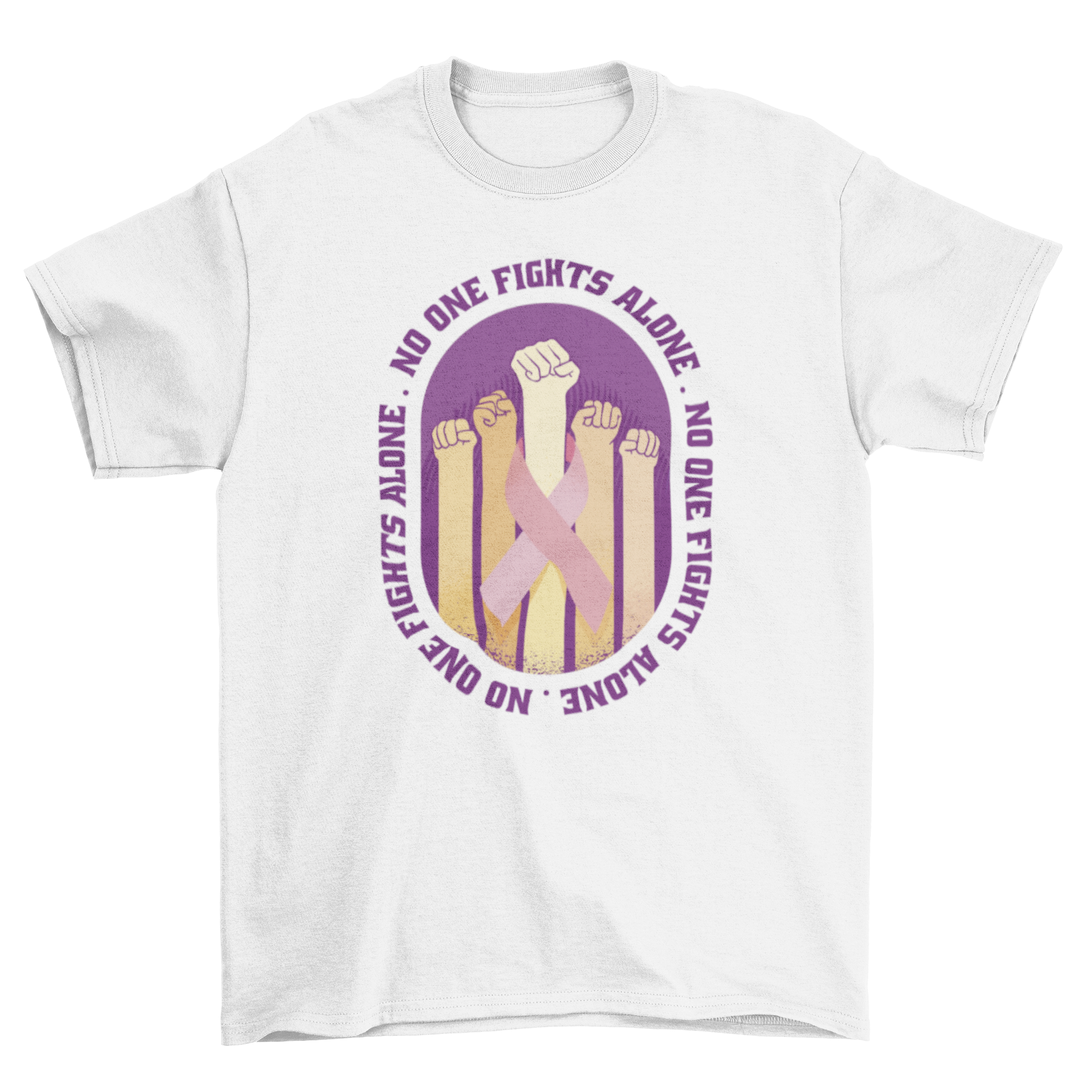 Breast cancer awareness t-shirt featuring raised fists and the quote 'No one fights alone', symbolizing strength and solidarity.