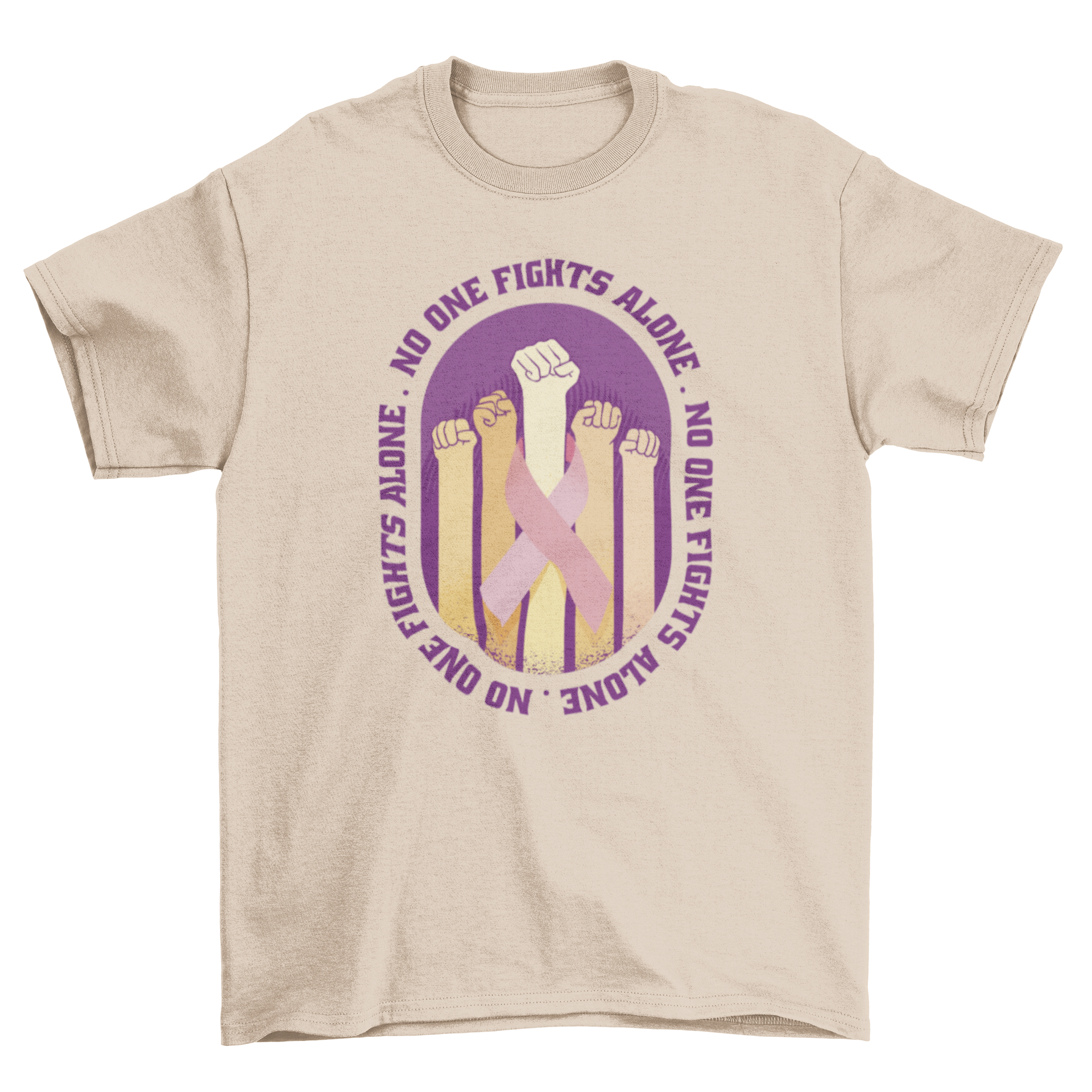 Breast cancer awareness t-shirt featuring raised fists and the quote 'No one fights alone', symbolizing strength and solidarity.