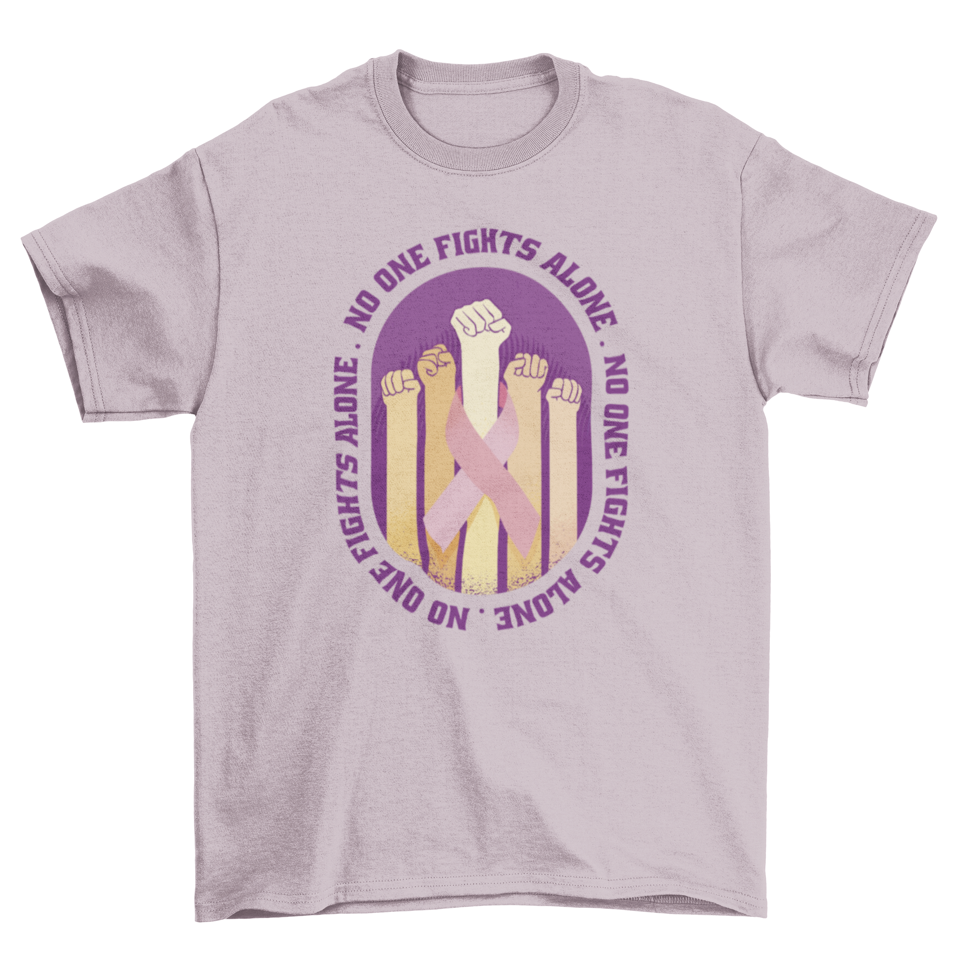 Breast cancer awareness t-shirt featuring raised fists and the quote 'No one fights alone', symbolizing strength and solidarity.