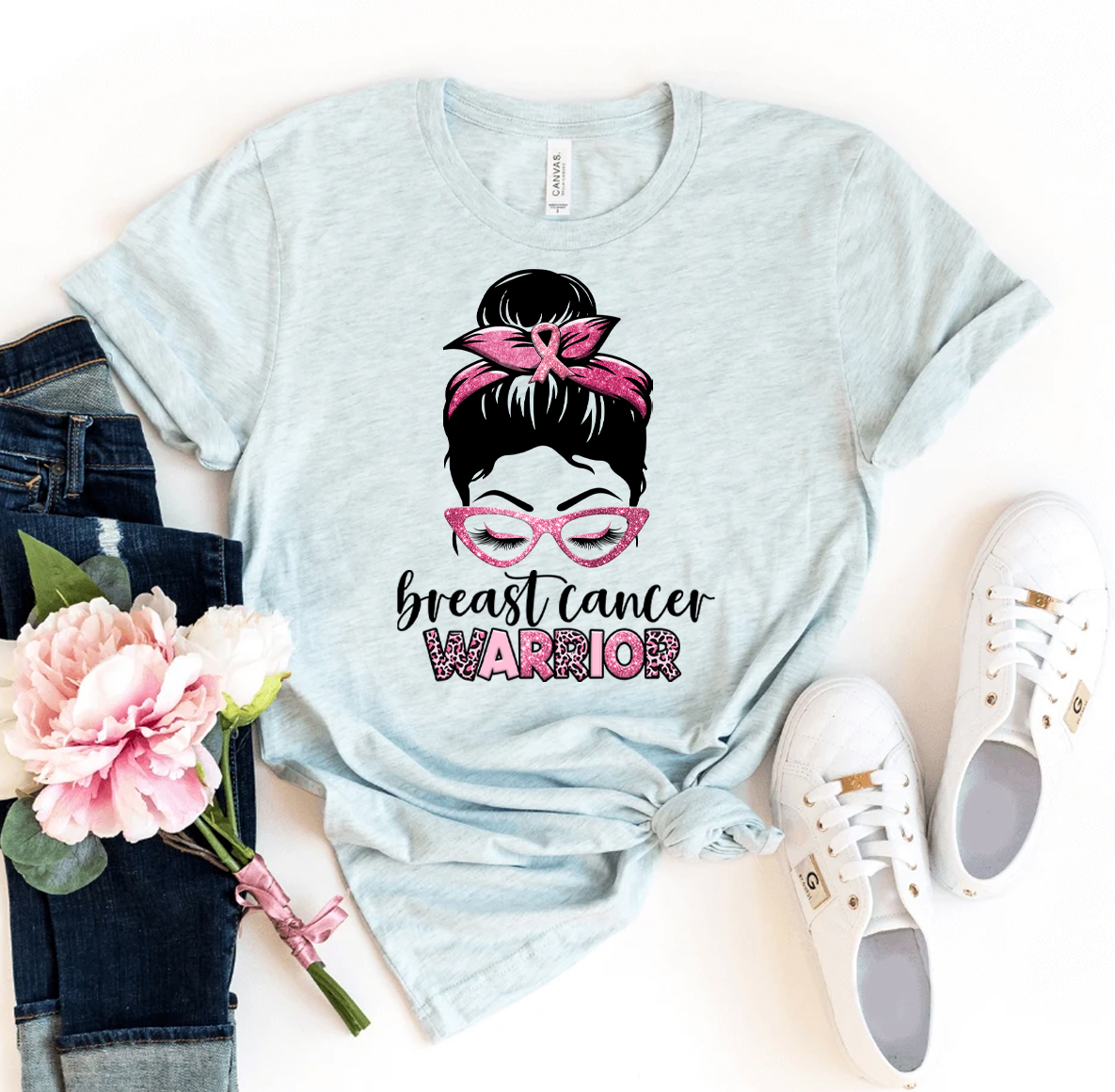 Breast Cancer Warrior T-shirt made of premium ring spun cotton, featuring a vibrant flex print design, available in various sizes.