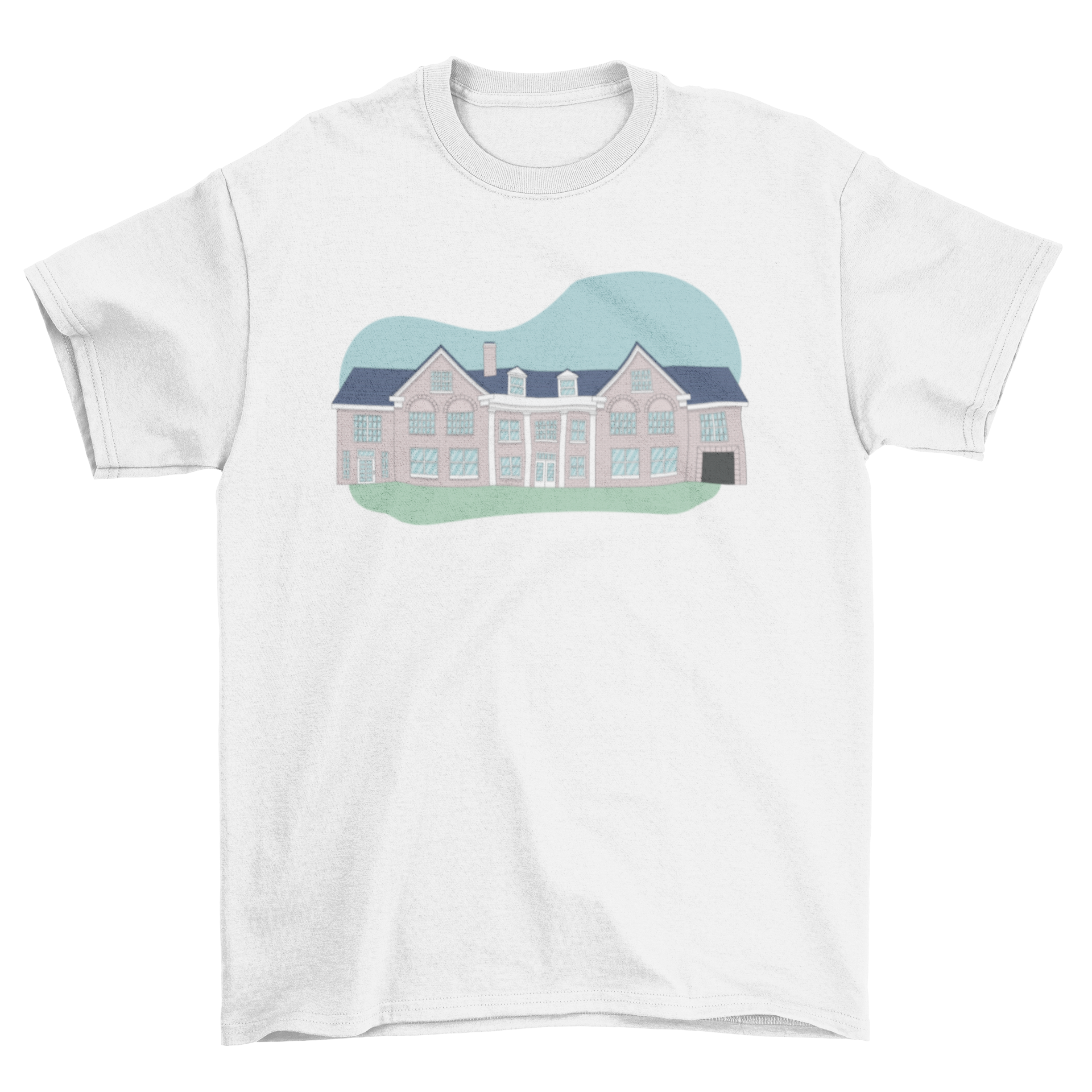 Stylish t-shirt featuring a unique graphic of a brick mansion house design.