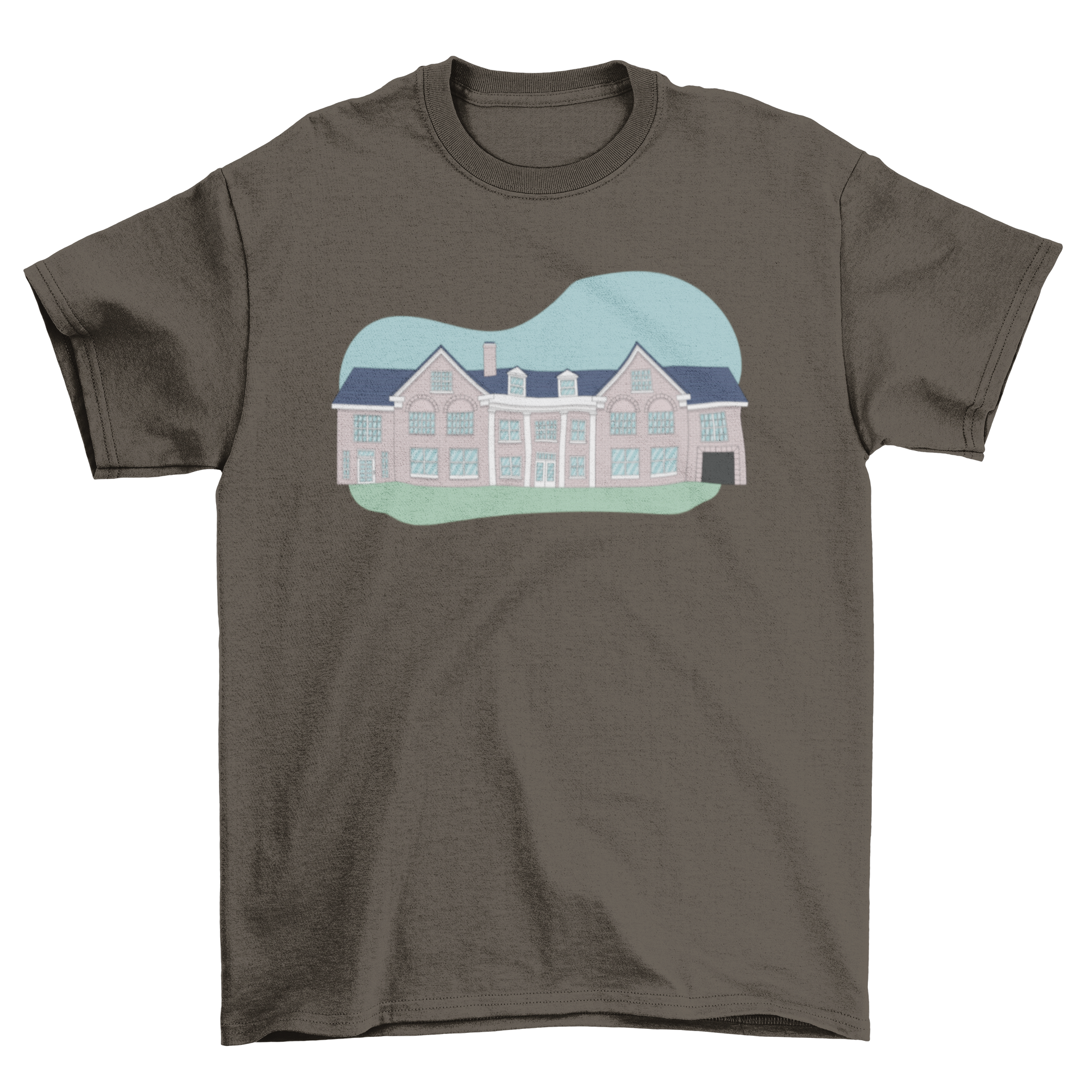 Stylish t-shirt featuring a unique graphic of a brick mansion house design.