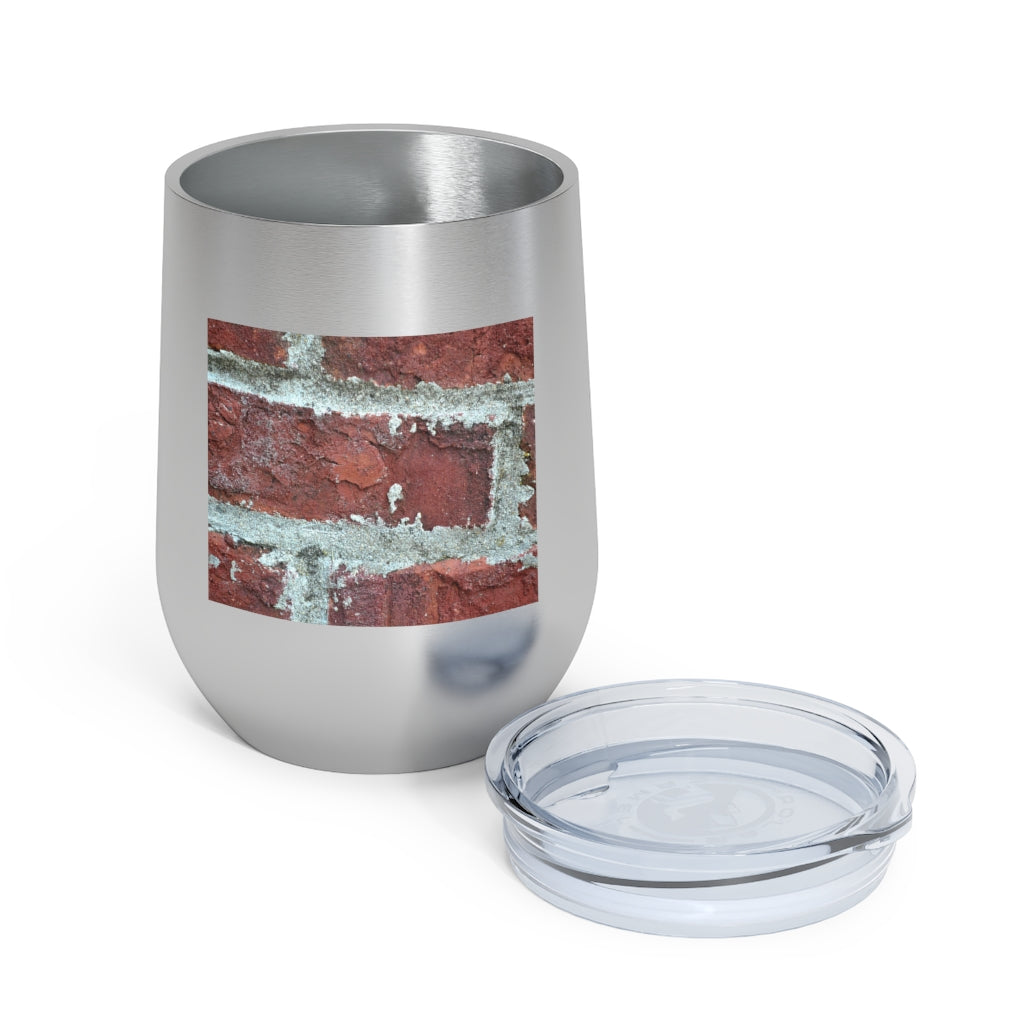 Bricks 12oz Insulated Wine Tumbler with clear lid and stainless steel body, perfect for hot and cold beverages.