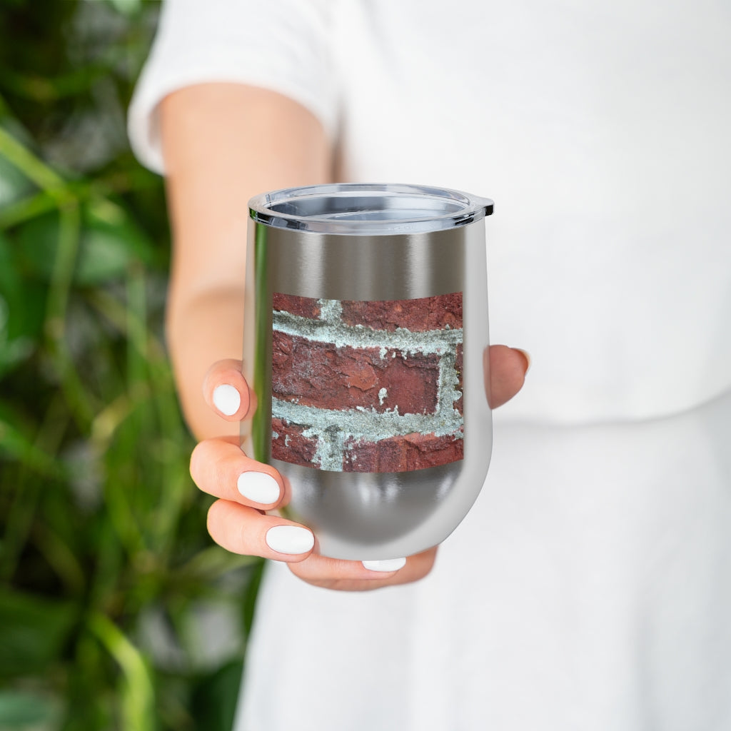 Bricks 12oz Insulated Wine Tumbler with clear lid and stainless steel body, perfect for hot and cold beverages.