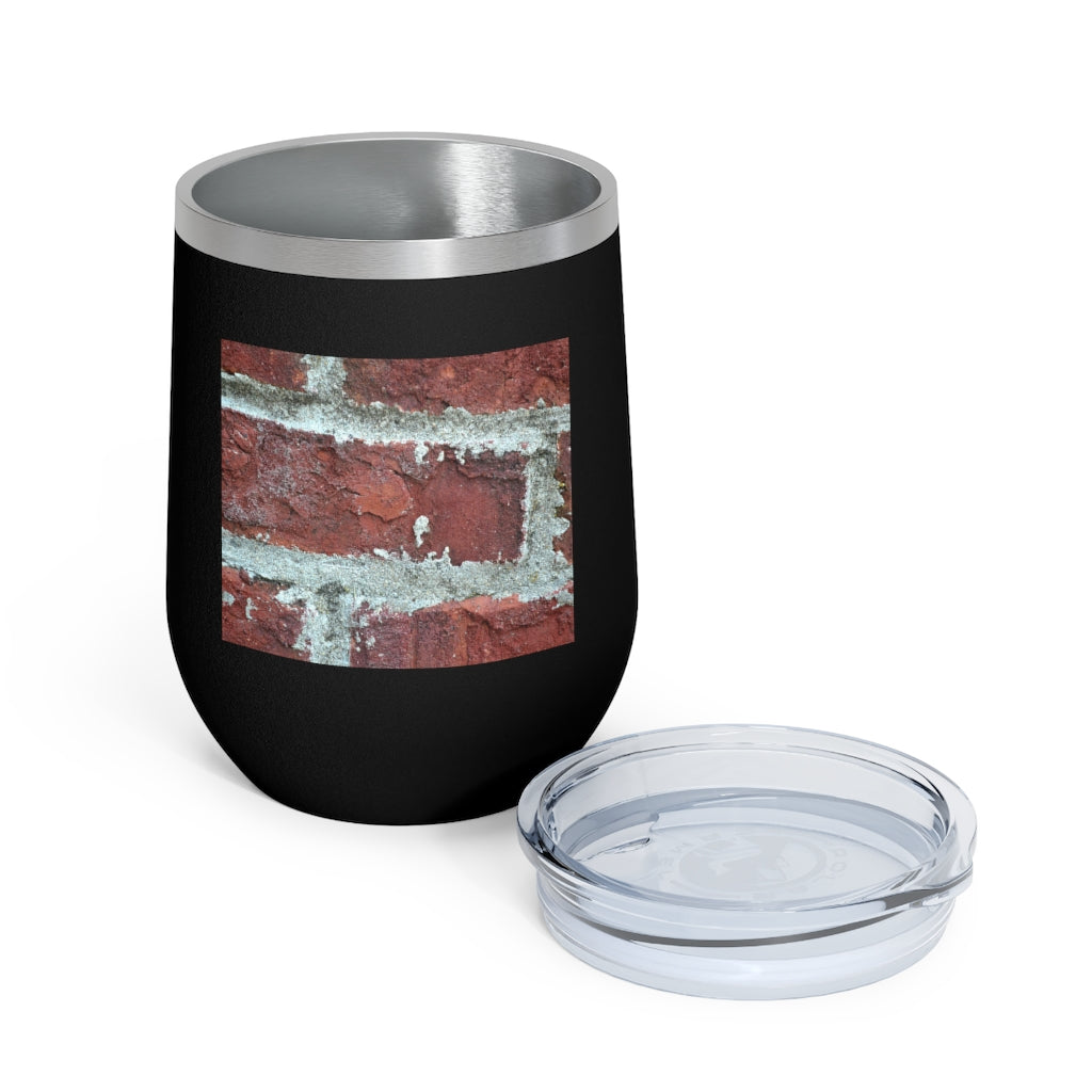 Bricks 12oz Insulated Wine Tumbler with clear lid and stainless steel body, perfect for hot and cold beverages.