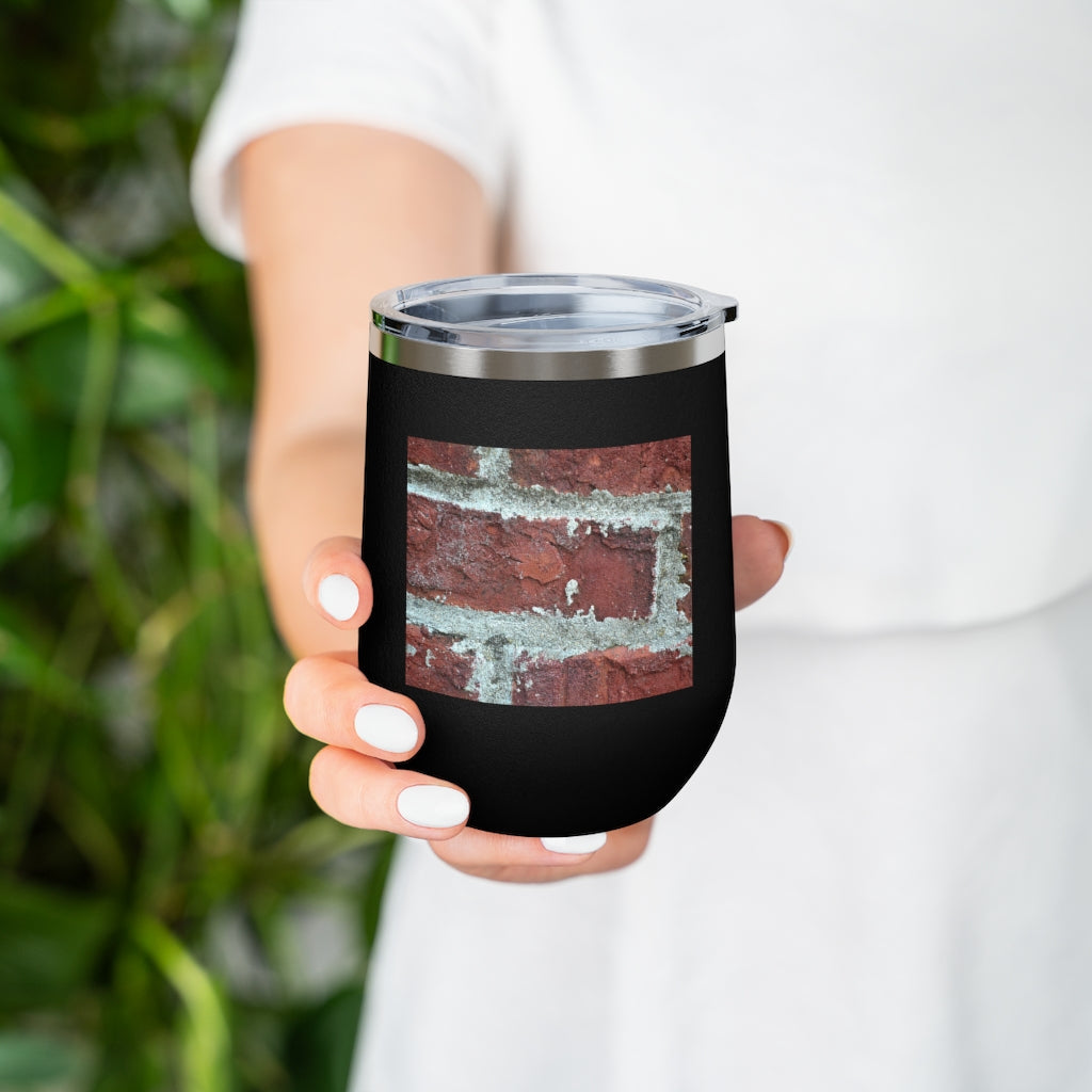 Bricks 12oz Insulated Wine Tumbler with clear lid and stainless steel body, perfect for hot and cold beverages.