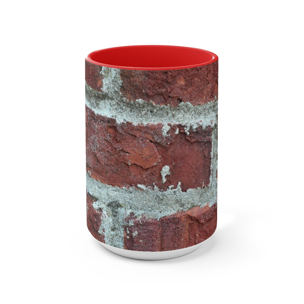 Bricks Accent Mug featuring a white exterior with a colored interior and handle, available in red, pink, and black options.