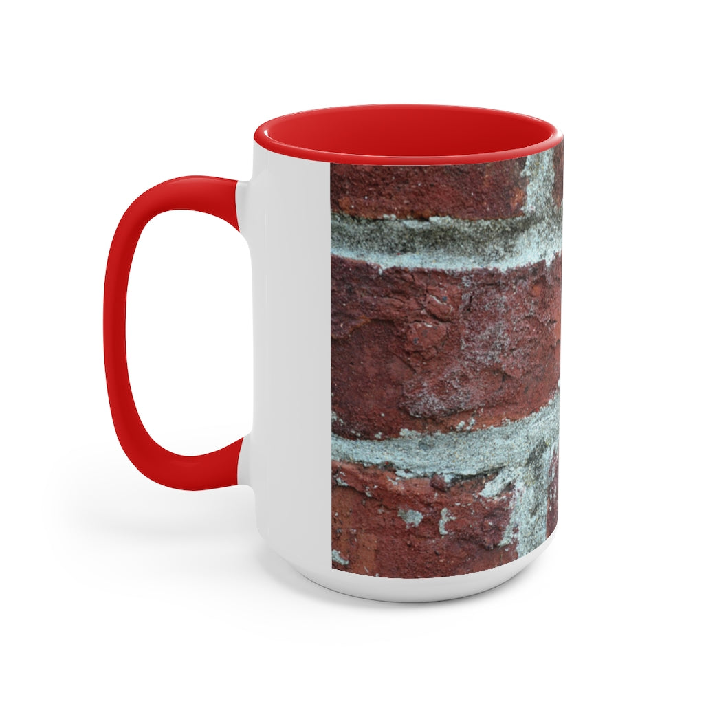 Bricks Accent Mug featuring a white exterior with a colored interior and handle, available in red, pink, and black options.