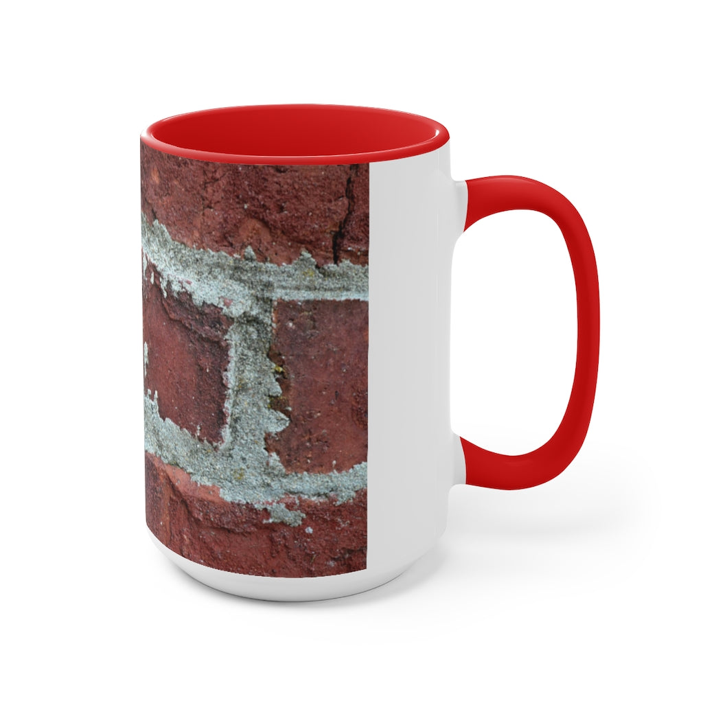 Bricks Accent Mug featuring a white exterior with a colored interior and handle, available in red, pink, and black options.