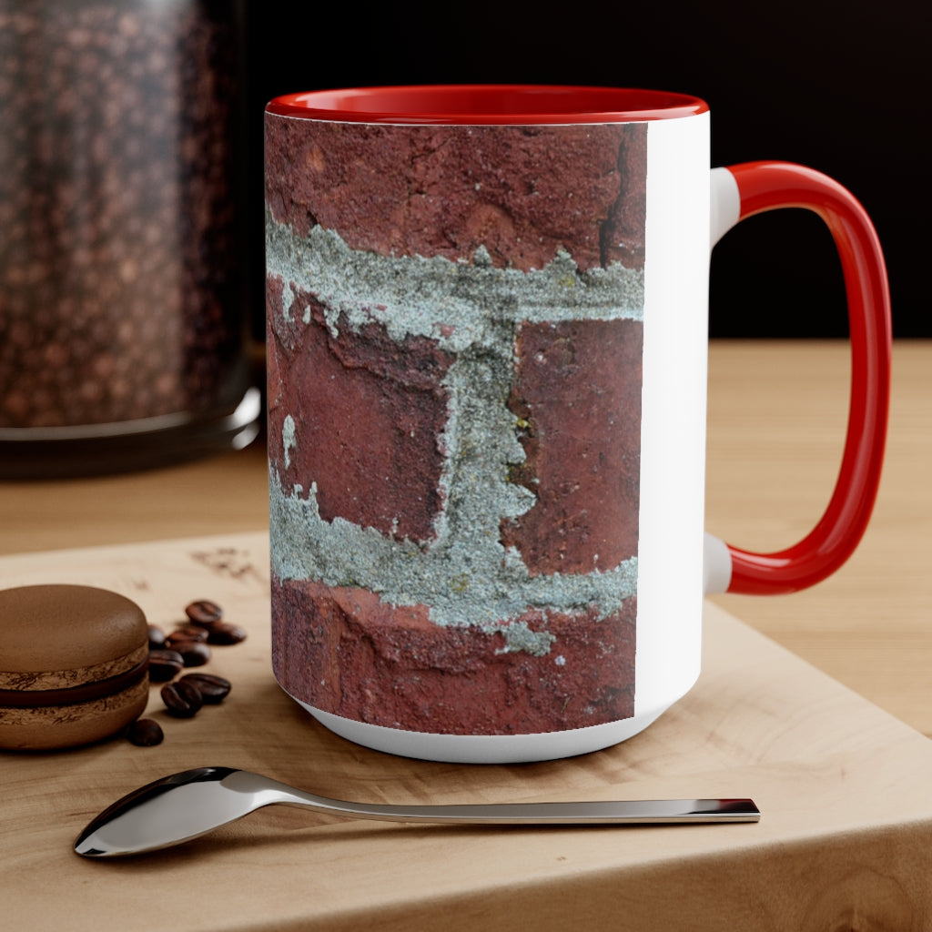 Bricks Accent Mug featuring a white exterior with a colored interior and handle, available in red, pink, and black options.