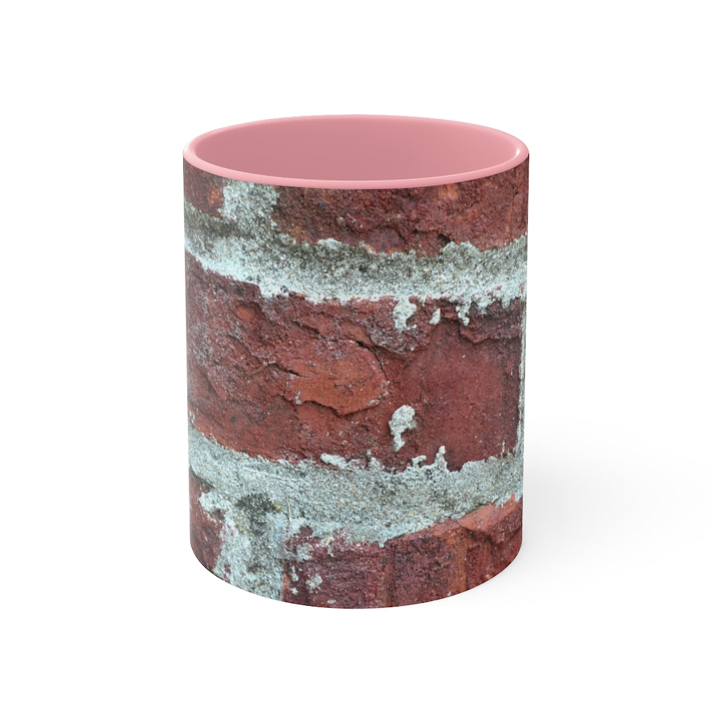 Bricks Accent Mug featuring a white exterior with a colored interior and handle, available in red, pink, and black options.