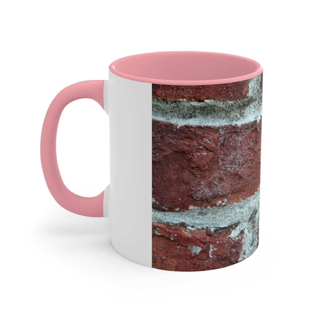 Bricks Accent Mug featuring a white exterior with a colored interior and handle, available in red, pink, and black options.