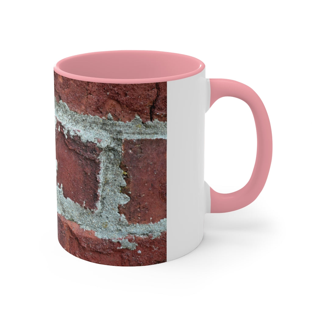 Bricks Accent Mug featuring a white exterior with a colored interior and handle, available in red, pink, and black options.