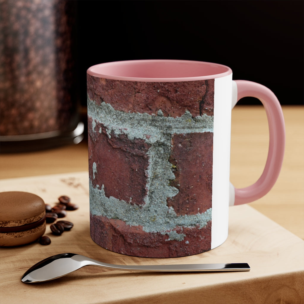 Bricks Accent Mug featuring a white exterior with a colored interior and handle, available in red, pink, and black options.