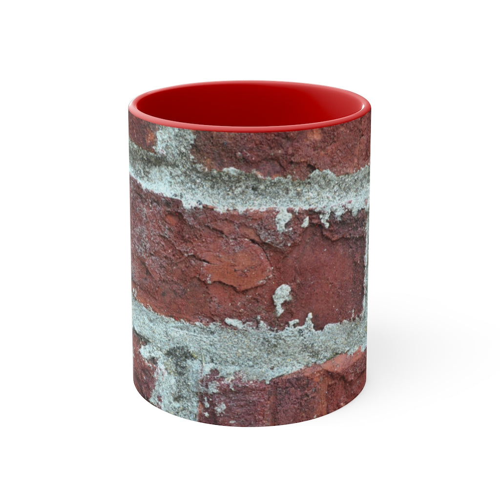 Bricks Accent Mug featuring a white exterior with a colored interior and handle, available in red, pink, and black options.