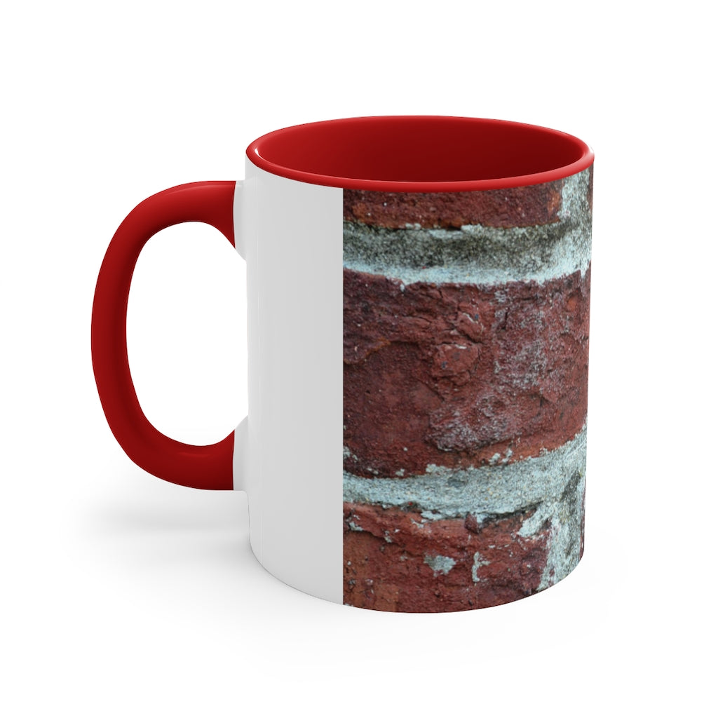 Bricks Accent Mug featuring a white exterior with a colored interior and handle, available in red, pink, and black options.