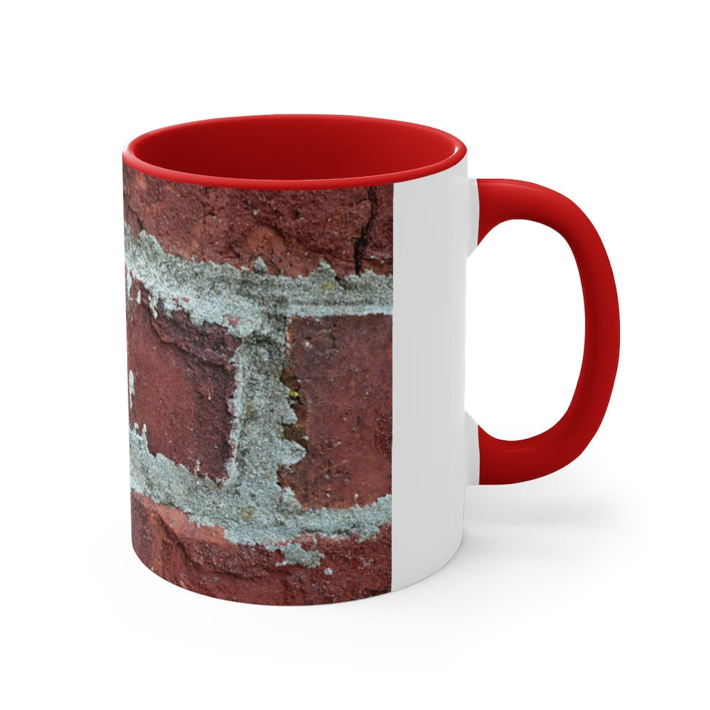 Bricks Accent Mug featuring a white exterior with a colored interior and handle, available in red, pink, and black options.