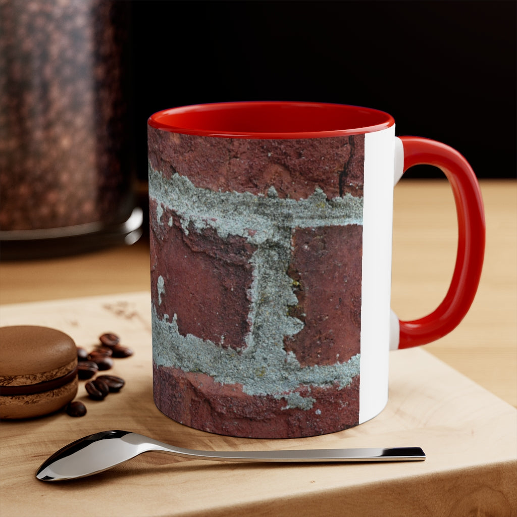 Bricks Accent Mug featuring a white exterior with a colored interior and handle, available in red, pink, and black options.