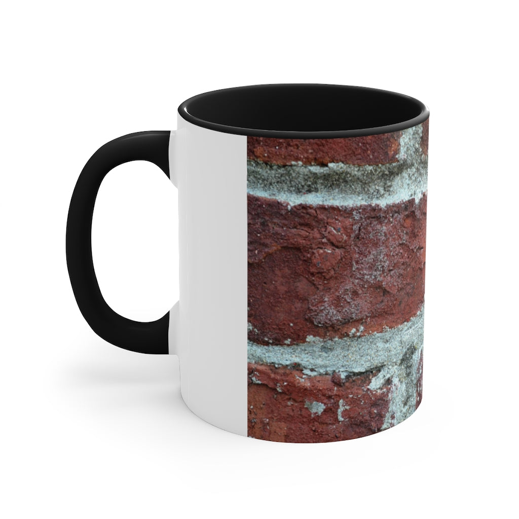 Bricks Accent Mug featuring a white exterior with a colored interior and handle, available in red, pink, and black options.