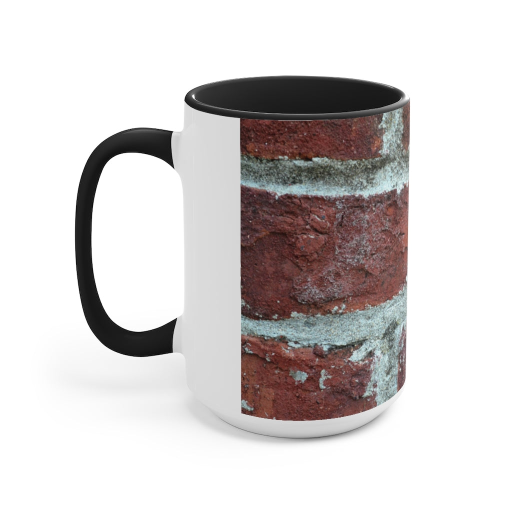 Bricks Accent Mug featuring a white exterior with a colored interior and handle, available in red, pink, and black options.