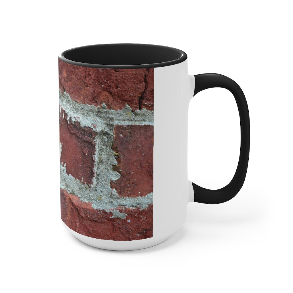 Bricks Accent Mug featuring a white exterior with a colored interior and handle, available in red, pink, and black options.