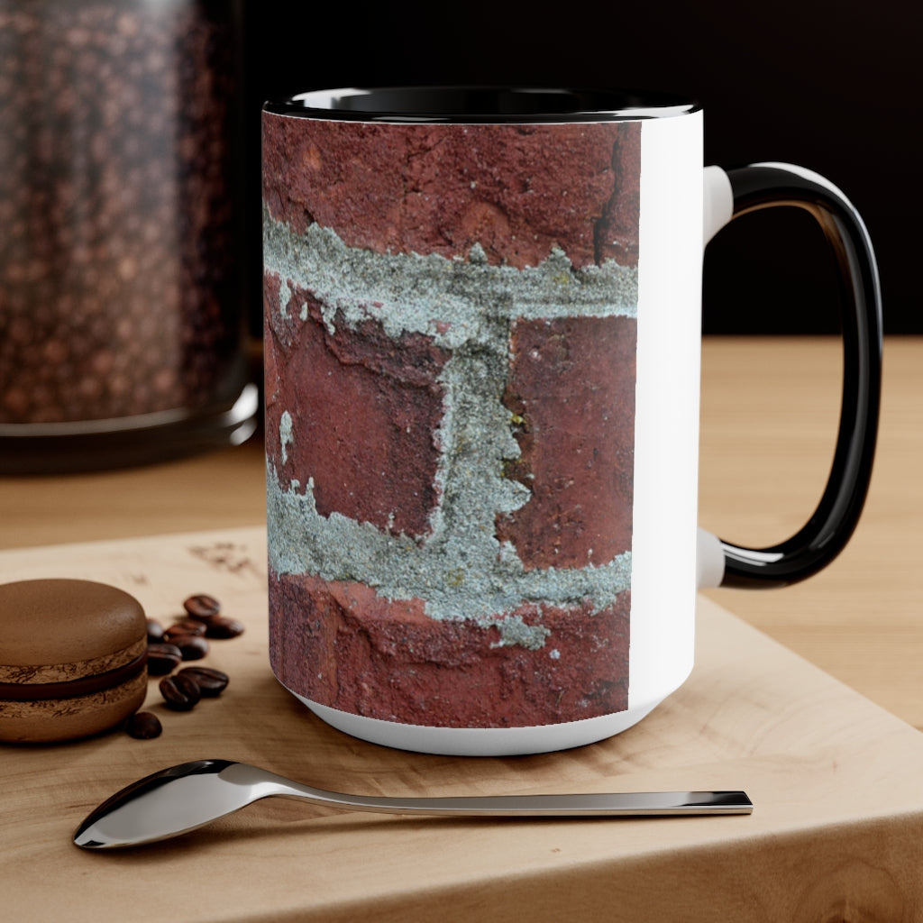 Bricks Accent Mug featuring a white exterior with a colored interior and handle, available in red, pink, and black options.