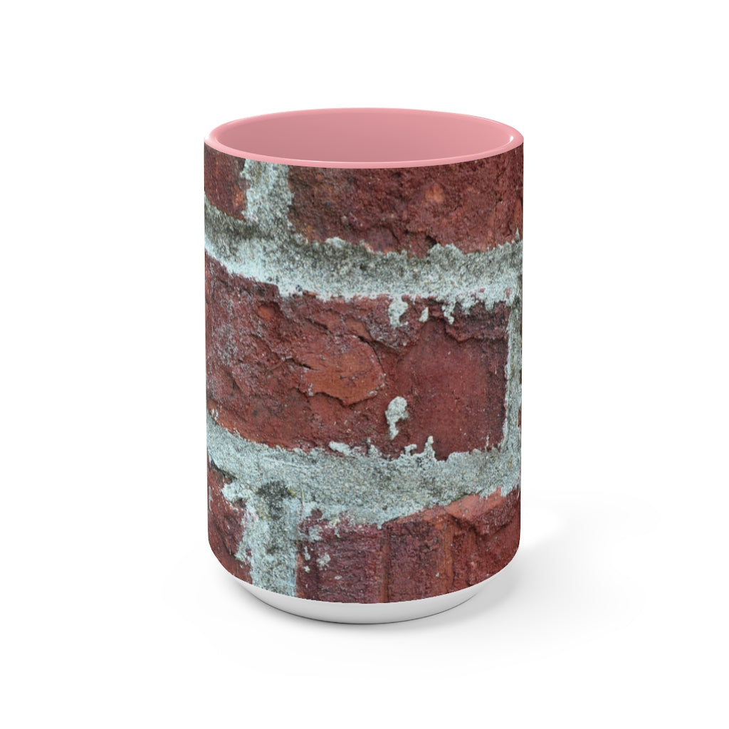 Bricks Accent Mug featuring a white exterior with a colored interior and handle, available in red, pink, and black options.