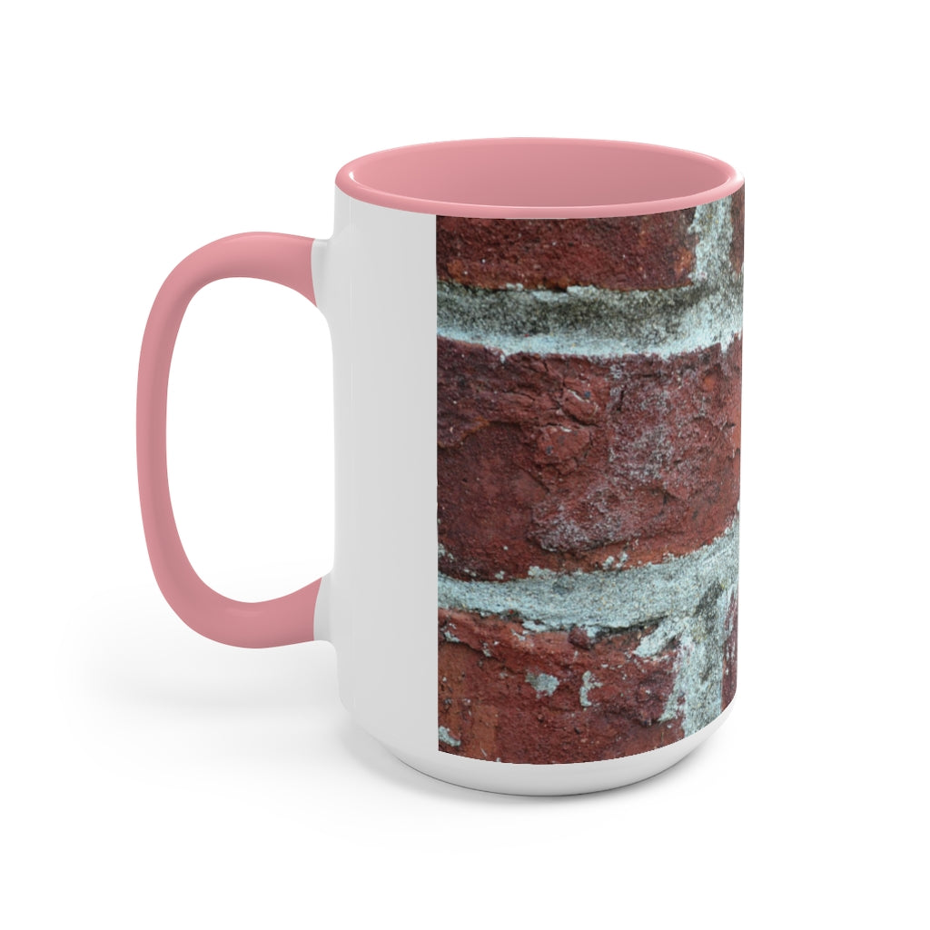 Bricks Accent Mug featuring a white exterior with a colored interior and handle, available in red, pink, and black options.