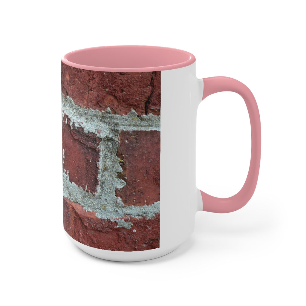 Bricks Accent Mug featuring a white exterior with a colored interior and handle, available in red, pink, and black options.