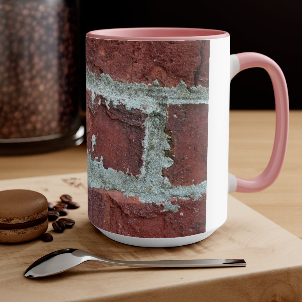 Bricks Accent Mug featuring a white exterior with a colored interior and handle, available in red, pink, and black options.