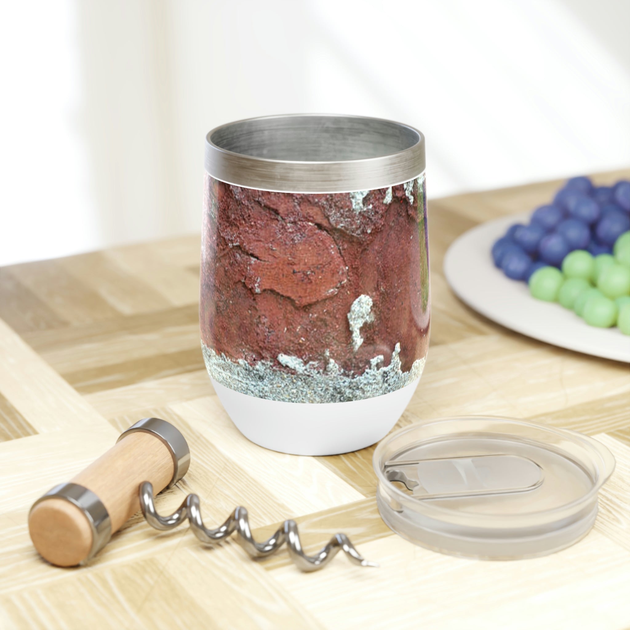 Bricks Chill Wine Tumbler in stainless steel with customizable design, showcasing its double-insulated walls and stemless shape.