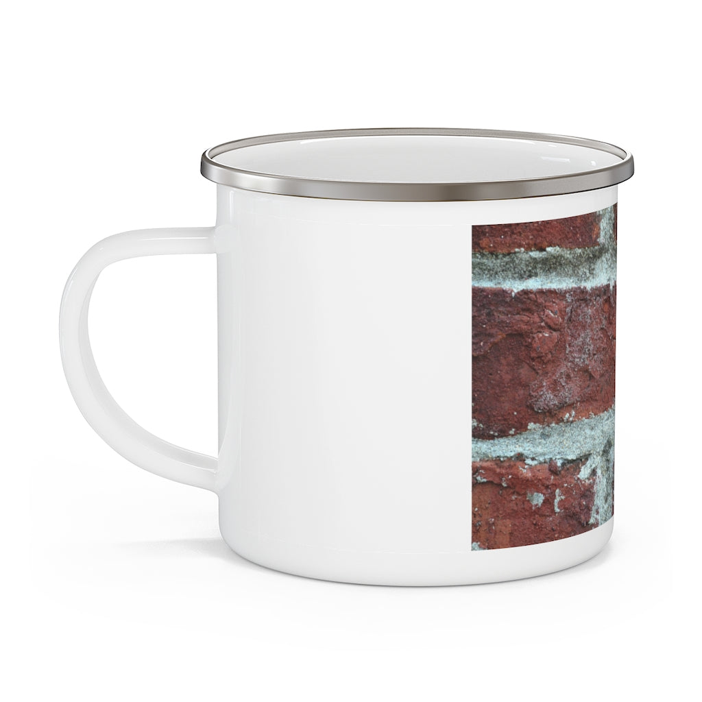 Bricks Enamel Camping Mug in a natural outdoor setting, showcasing its durable design and personalized printing options.