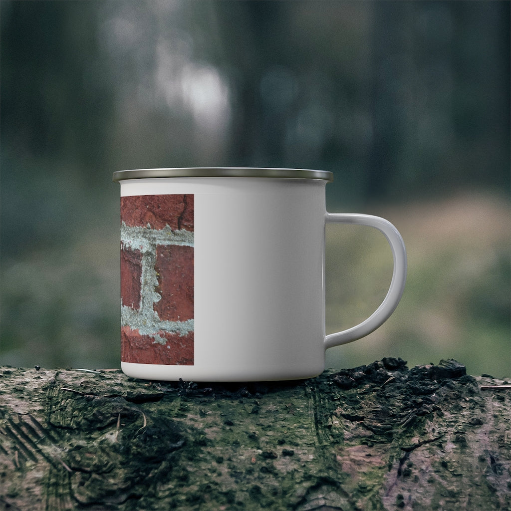 Bricks Enamel Camping Mug in a natural outdoor setting, showcasing its durable design and personalized printing options.