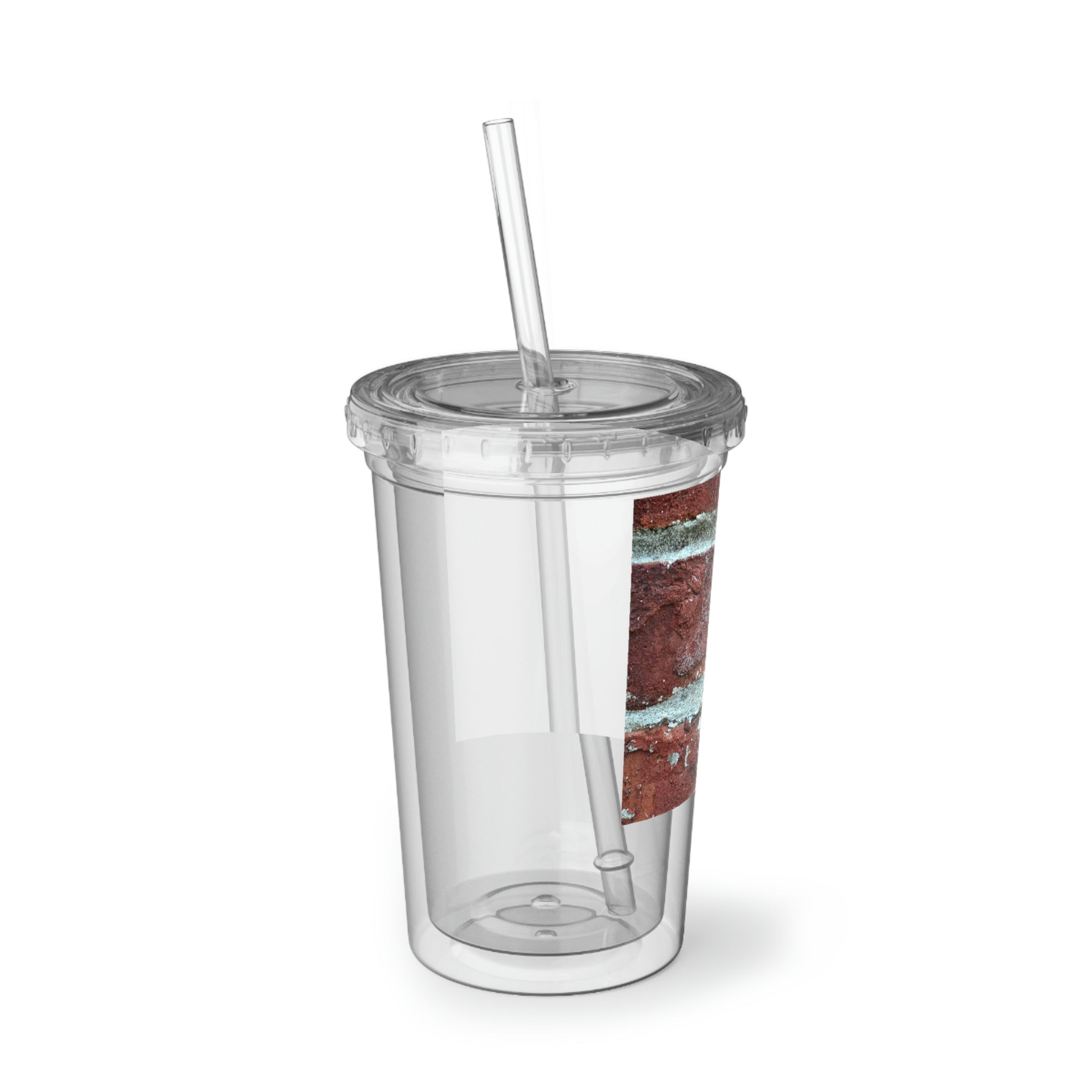 Bricks Suave Acrylic Cup with double-wall insulation, featuring a customizable design and a plastic lid with a straw.