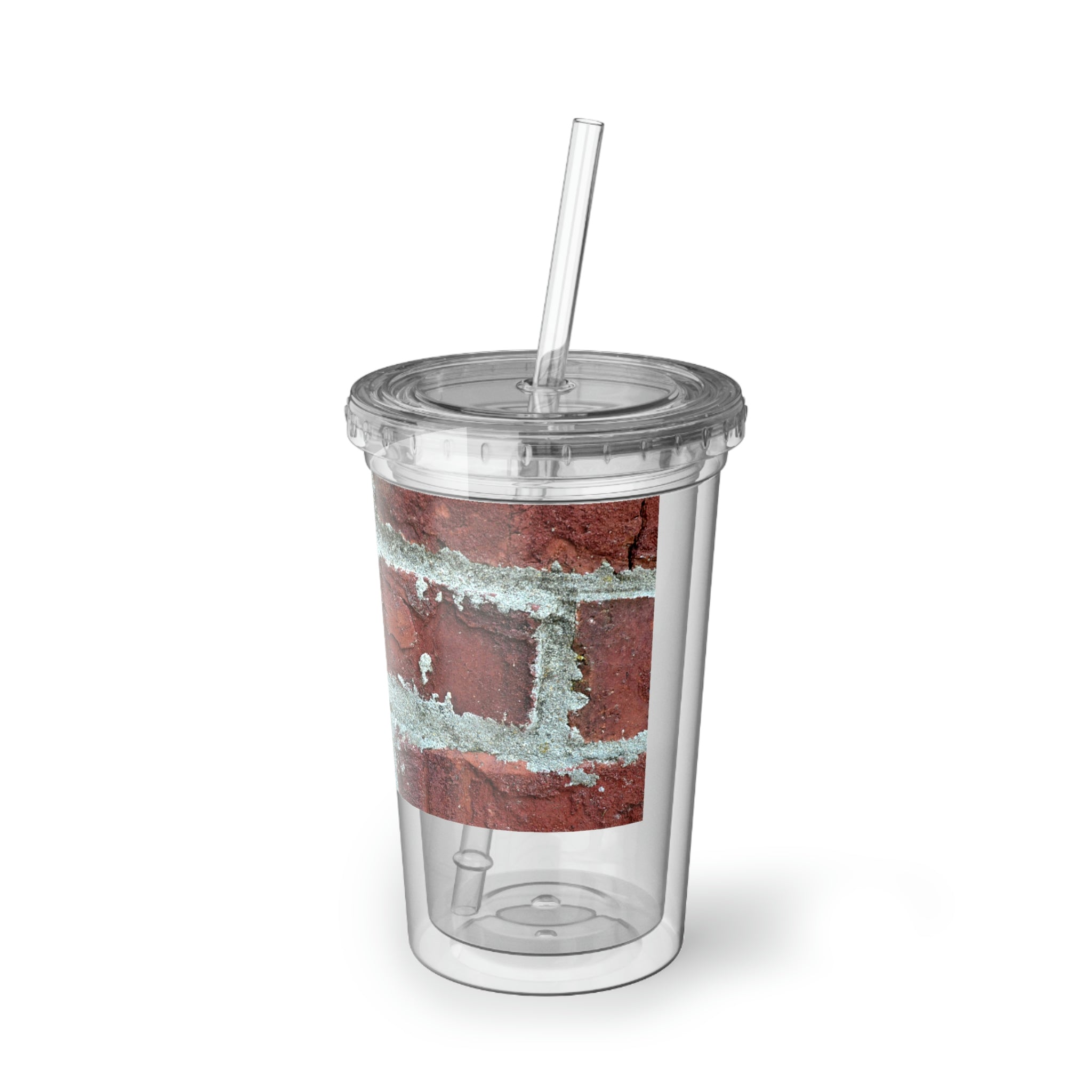 Bricks Suave Acrylic Cup with double-wall insulation, featuring a customizable design and a plastic lid with a straw.